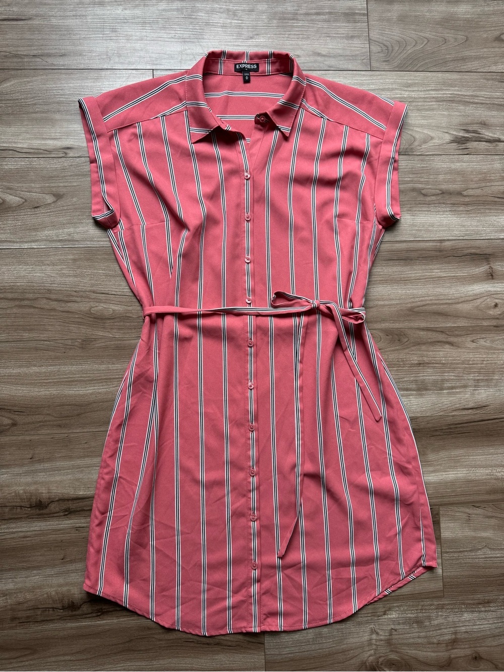Express button down short sleeve shirt dress pink black / white stripes size M